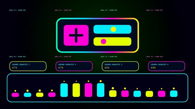A digital blockchain tracking interface showing dynamic data metrics on multiple screens with vibrant neon graphical elements monitoring system activity within a dark virtual environment setting