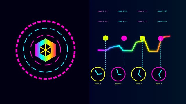 Data flow lines showing blockchain tracking with floating hexagonal symbols and glowing interface elements changing values over time in a vibrant digital monitor display screen environment