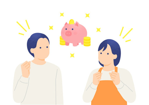 豚の貯金箱にお金が貯まって喜ぶ夫婦 コツコツ貯金に成功した男女の上半身イラスト素材