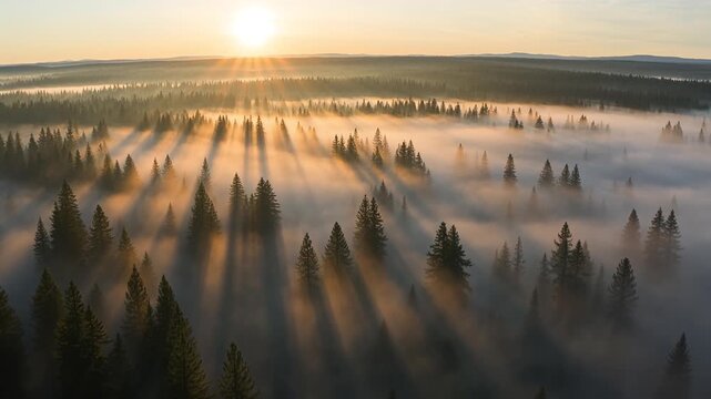 Aerial Drone Flight Over Misty Pine Forest at Sunrise