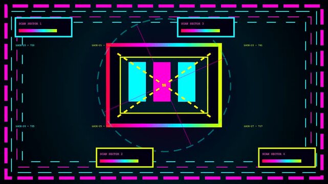 A digital blockchain tracking system interface displays glowing neon geometric frames moving across three screens featuring rhythmic light patterns and vibrant shifting color gradients in dark space