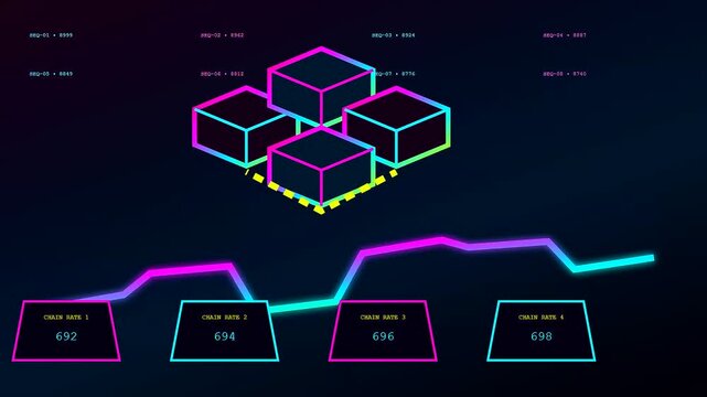 A digital blockchain tracking display shows fluctuating data metrics represented by floating geometric cubes and animated line charts evolving over time in a dark studio setting