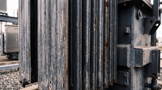 Close up view of weathered metal cooling fins on an industrial transformer