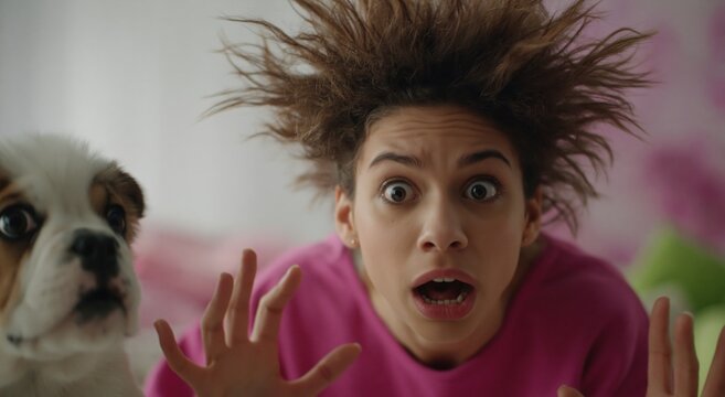 Shocked young woman with messy hair and startled puppy looking at camera in bedroom. Close-up of surprised face with hands raised. Fear, panic and astonishment concept. Pet owner.