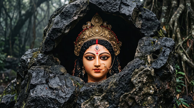 A dignified Bengali Maa Durga face framed by rugged black volcanic basalt rocks with muted teal and crimson accents for Durga Puja and Navratri