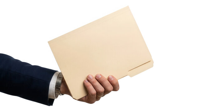 Businessman hand holding blank beige manila document folder isolated on white background, concept for business administration, legal paperwork, and confidential file   