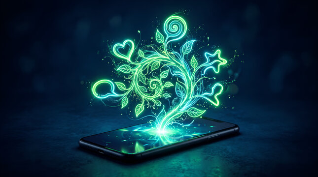 Neon green glowing plant growing from a black smartphone screen on dark background