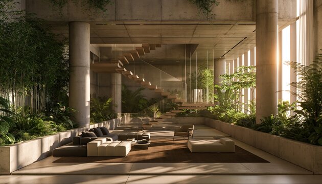 Modern indoor garden living room with modular sofa and floating staircase among lush tropical plants. Sunlit concrete atrium lounge with greenery. Biophilic interior design.