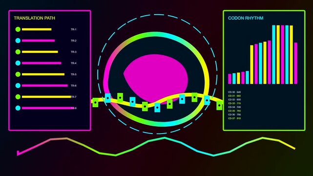 a colorful bioinformatics interface featuring rhythmic data bars and circular charts displaying moving waves of information in a repeating sequence of digital graphic elements