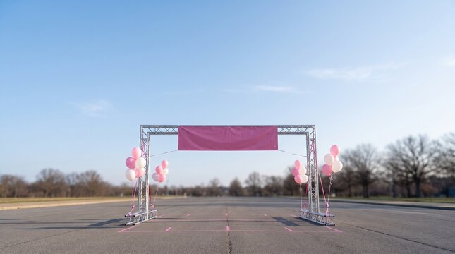 Metal Truss Arch for Charity Walk or Marathon Event with Pink Banner and Balloons on Empty Asphalt Road under Blue Sky for Breast Cancer Awareness and Community Support Concept