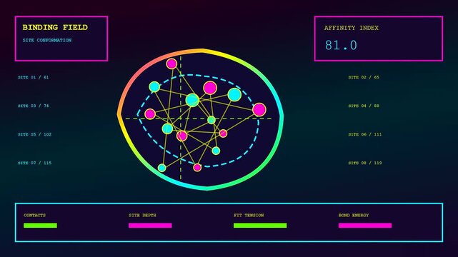 A digital bioinformatics interface displays circular node diagrams with shifting neon data points while metrics evolve across three sequential frames to represent complex molecular bond patterns