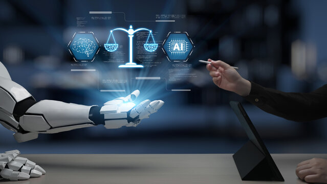 A robotic arm reaches out to a human hand, symbolizing a collaborative future in legal decisions. The image captures the blend of technology and justice, emphasizing innovation in law. Salient