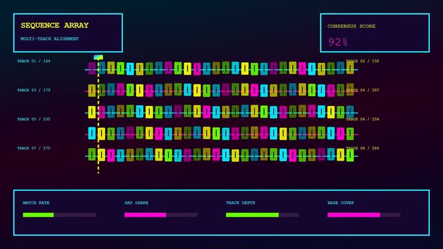 A digital bioinformatics interface shows advancing genetic sequences in a three frame animation sequence with glowing data bars that track the changing match and consensus rates