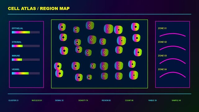 A digital bioinformatics interface displays a dynamic clinical cell map showing cellular density metrics through changing patterns across three distinct panel frames in a laboratory environment