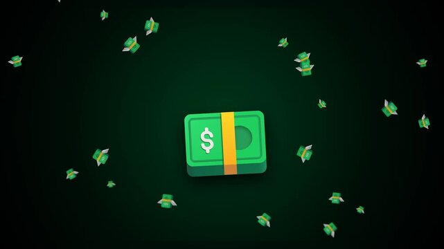 Money stack animated with falling cash on dark green background