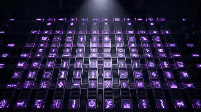 Futuristic server room featuring glowing purple digital screens and complex data processing technology