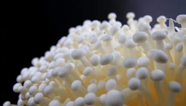 Close-up of a cluster of white enoki mushrooms against a dark background
