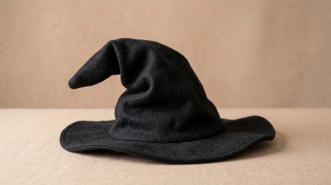 Classic black pointed witch hat on a minimalist background suitable for halloween party invitations, retail posters, and seasonal website headers