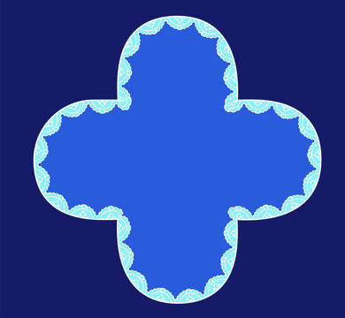 Royal blue pearl scallop lace quatrefoil border with ornate crochet trim forms Victorian textile clover frame. on navy suited to wedding invitations or cottagecore craft label cards.