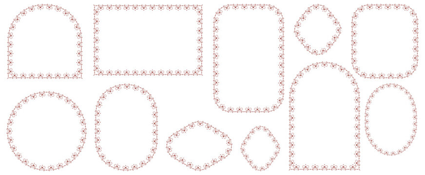 Burgundy bow lace border frame set with arch oval diamond circle square shapes, delicate ribbon garland trim isolated on white background vector illustration for invitations stationery scrapbooking