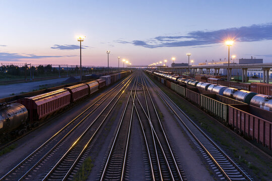Freight rail yard with parallel tracks and waiting wagons at dusk, rail cargo concept