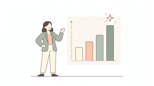 Business woman presenting a rising bar chart growth illustration on white background