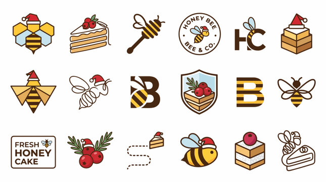 Christmas Honey Bakery Logo Set: Minimalist Bee, Santa Hat, Honey Cake and Berry Icons Collection