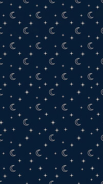 Seamless pattern featuring white crescent moons and sparkling stars on a dark blue background.