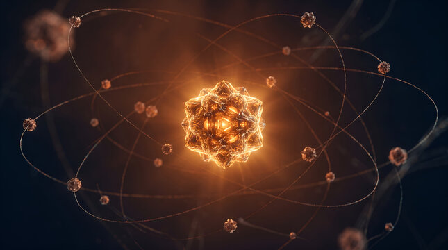 3d render of an abstract atomic structure with glowing core and orbiting particles