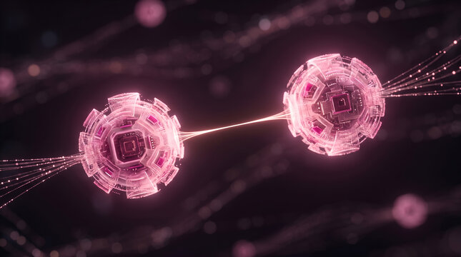 Two glowing pink futuristic circuit spheres connecting with light streams digital technology