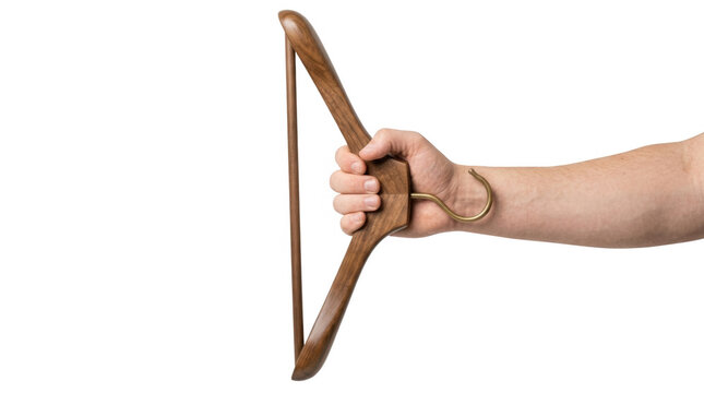 A close-up view of a hand gripping a uniquely designed wooden hanger, showcasing its smooth finish and elegant curves against a stark black background, emphasizing both style and functionality