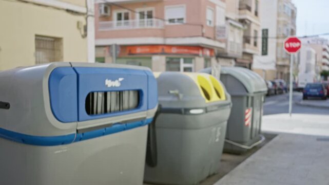 Blurred urban street scene with defocused garbage containers and recycling bins, soft bokeh street; background backplate copyspace calm.