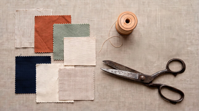 Fabric swatches and vintage sewing tools arranged on a textured linen background