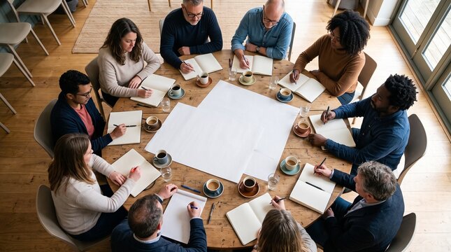 Diverse group of professionals collaborating around a table during a meeting
