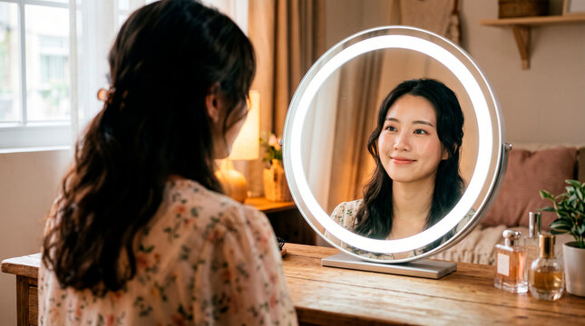 Young woman looking at herself in a lighted mirror