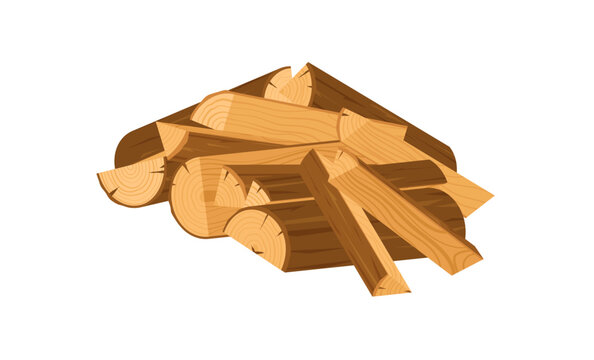 Cartoon wooden firewood stack label style. Chopped log pile as neat woodpile and split tree trunk heap for dry fuel. Brown and yellow wood stack concept for campfire , game asset nature badge