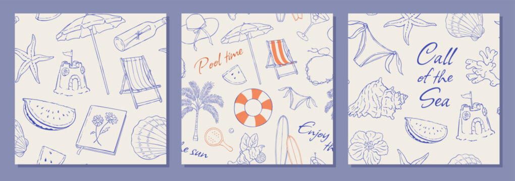 Seamless hand drawn pattern set with seashell and starfish icon, beach chair and umbrella, plus lifebuoy on blue line background. Elegant mediterranean summer travel design for beach sea.