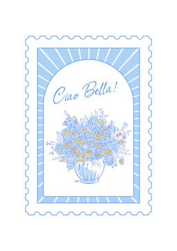 Cute vintage stamp with whimsical vase bouquet and soft blue flower card art. Hand drawn doodle icon as retro illustration for italian cafe invitation or bakery menu, romantic wedding or birthday