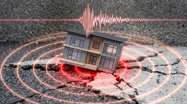 Earthquake epicenter conceptual illustration with miniature house on cracked ground and seismic wave lines