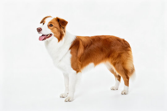 A red and white border collie stands upright on a plain white studio background, looking alert and friendly.