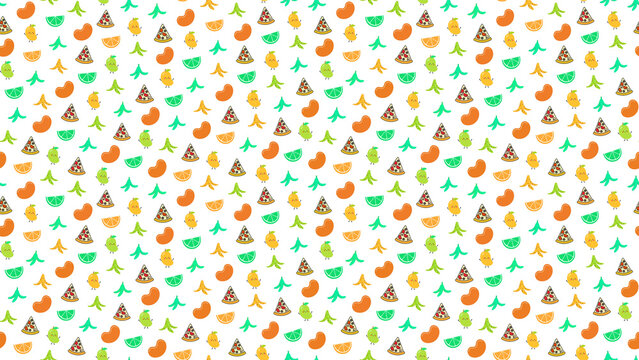 Cute food pattern with pizza, fruits, and beans