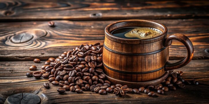 Richly brewed coffee in a dark wooden mug on a rustic wooden table