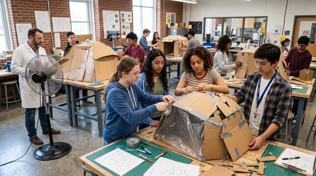 Diverse high school students building cardboard geodesic domes in STEM workshop, engineering class with teacher, collaborative hands-on learning in industrial classroom