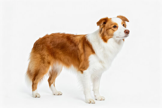 A red and white border collie stands in profile against a plain white studio background, showing its typical herding dog features.