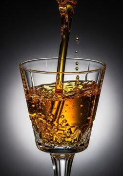 A golden liquid pours into a crystal glass with high dynamic range clarity, capturing every splash, bubble, and glistening amber droplet, close up, physics, crystal