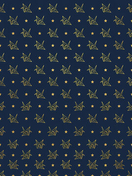 Seamless pattern with golden origami cranes and small stars on a dark blue background.