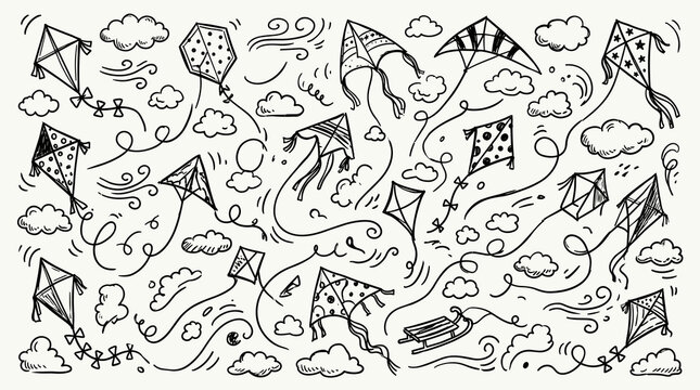Dynamic doodle illustration featuring numerous kites soaring through the sky amidst fluffy clouds and swirling wind patterns