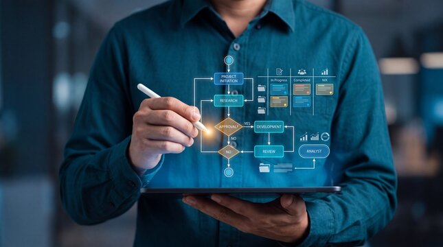 Businessman designing a workflow flowchart and process automation on a digital tablet with a stylus