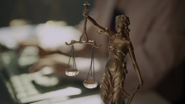 Legal advisor using a computer in a modern office with scales of justice nearby, representing online legal services, client consultation, digital communication, research, and professional law work.