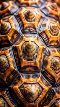 Close-up of a tortoise shell with intricate patterns and colors